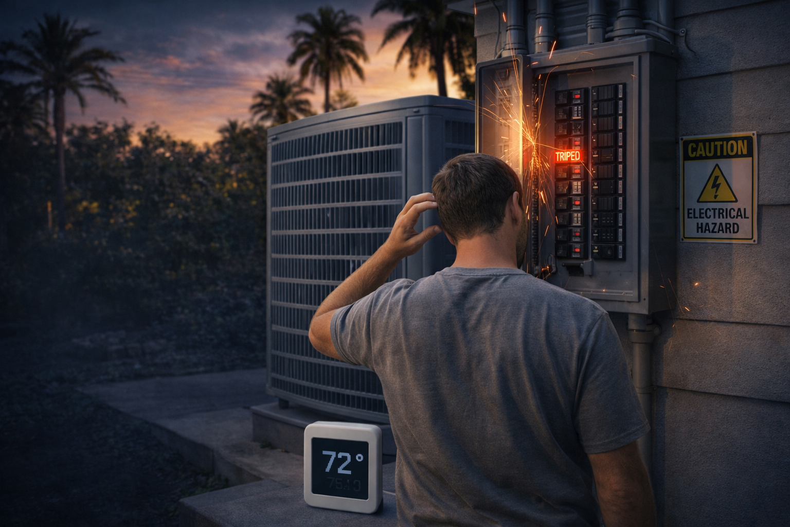 “Homeowner inspecting a tripped AC breaker at electrical panel next to outdoor air conditioning unit in Orange County backyard at sunset”