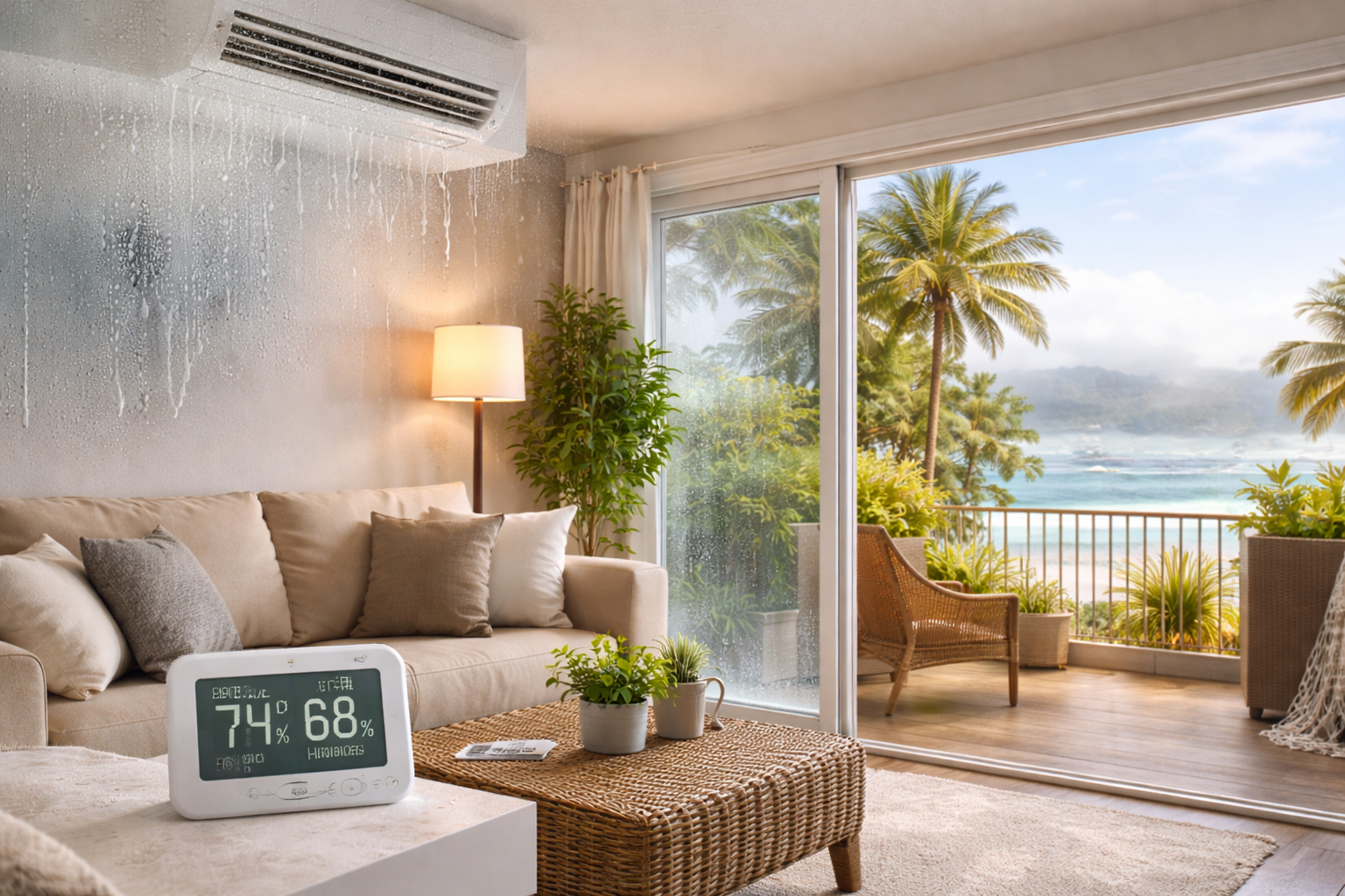 Coastal Orange County home interior with AC vent showing condensation from high humidity and marine layer conditions