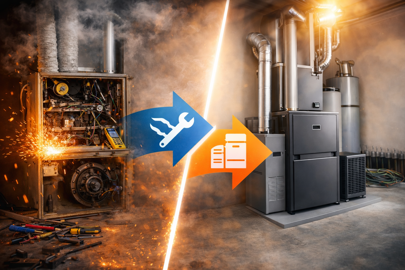 Side by side comparison of aging heater and modern furnace installation Orange County HVAC repair or replace guide