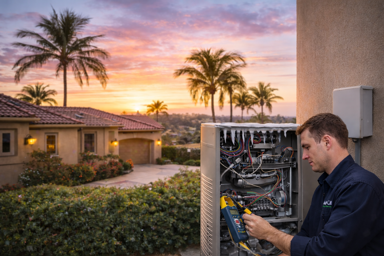 HVAC technician performing heating system maintenance outside a Southern California home at sunset with palm trees and residential neighborhood in background