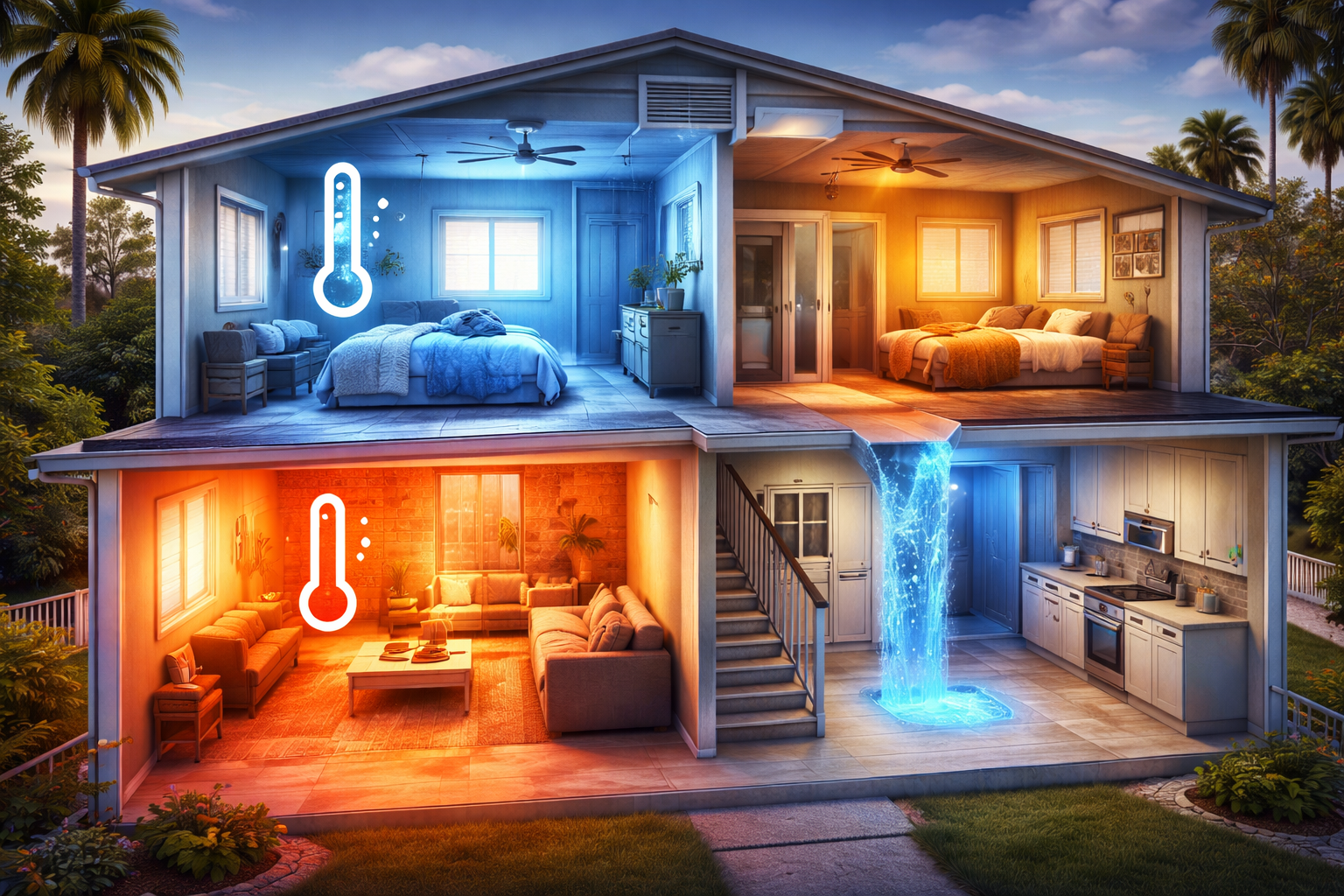Cutaway illustration of a two-story home showing hot and cold spots with red and blue temperature differences in multiple rooms.