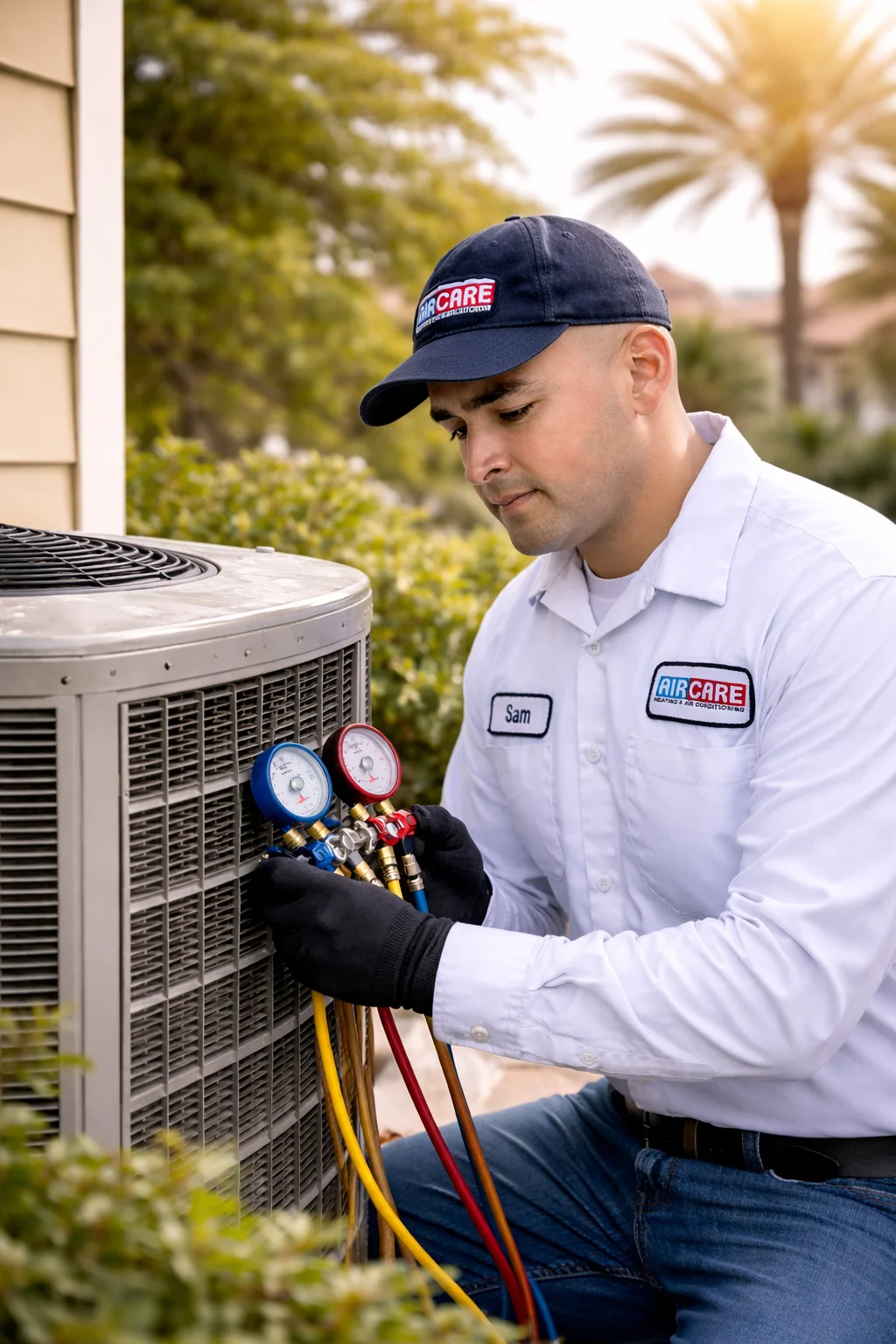 HVAC technician performing winter heat pump maintenance at a Southern California home