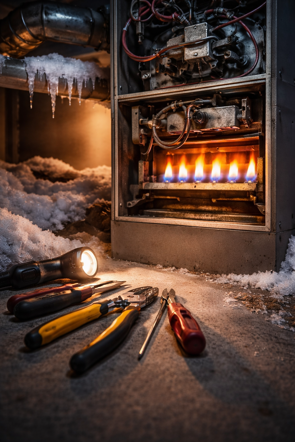 Technician tools and furnace flames during heater service