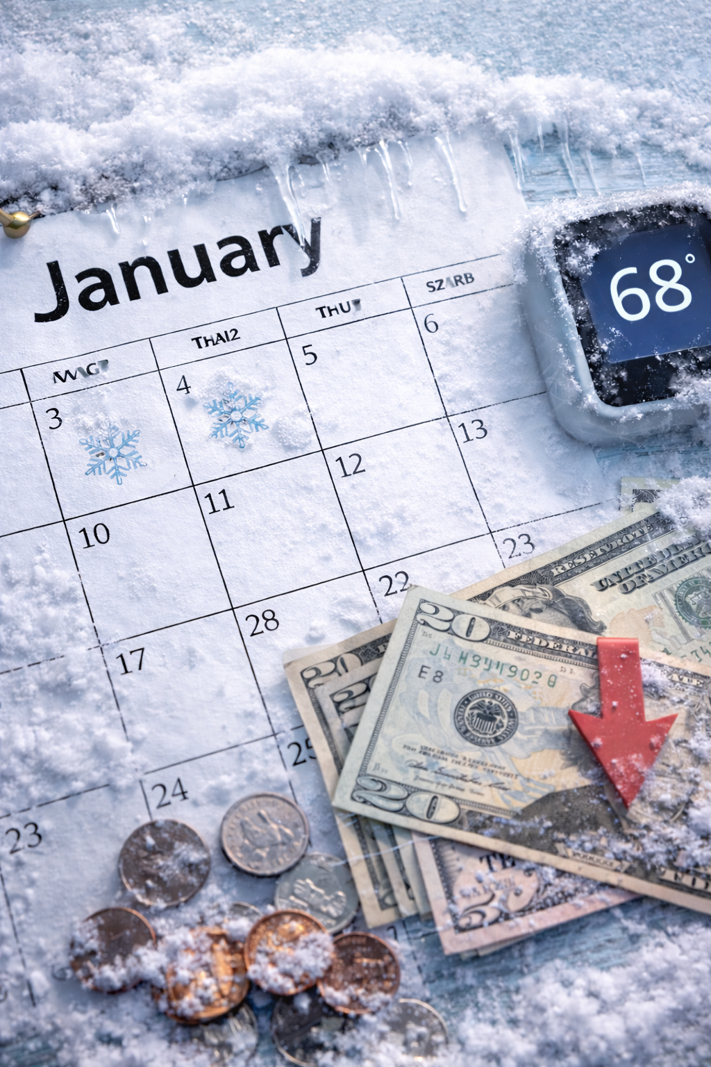 January winter calendar and thermostat representing rising HVAC energy costs in Orange County homes
