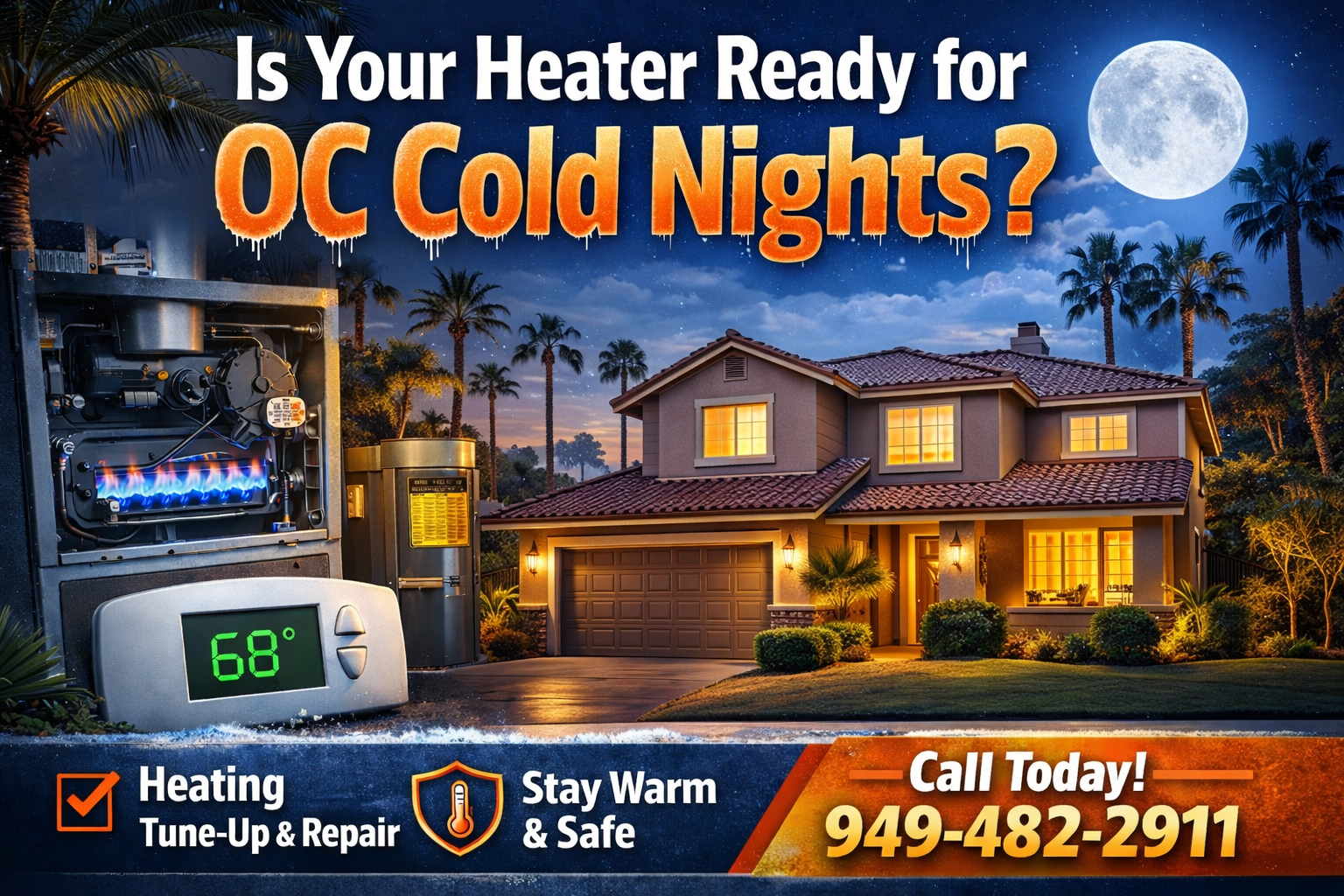 Graphic for Air Care Heating & Air Conditioning: “Is Your Heater Ready for OC Cold Nights?” showing a home at night with palm trees, a heater/furnace and thermostat at 68°, and call to schedule heating tune-up & repair in Orange County, CA (949-482-2911).