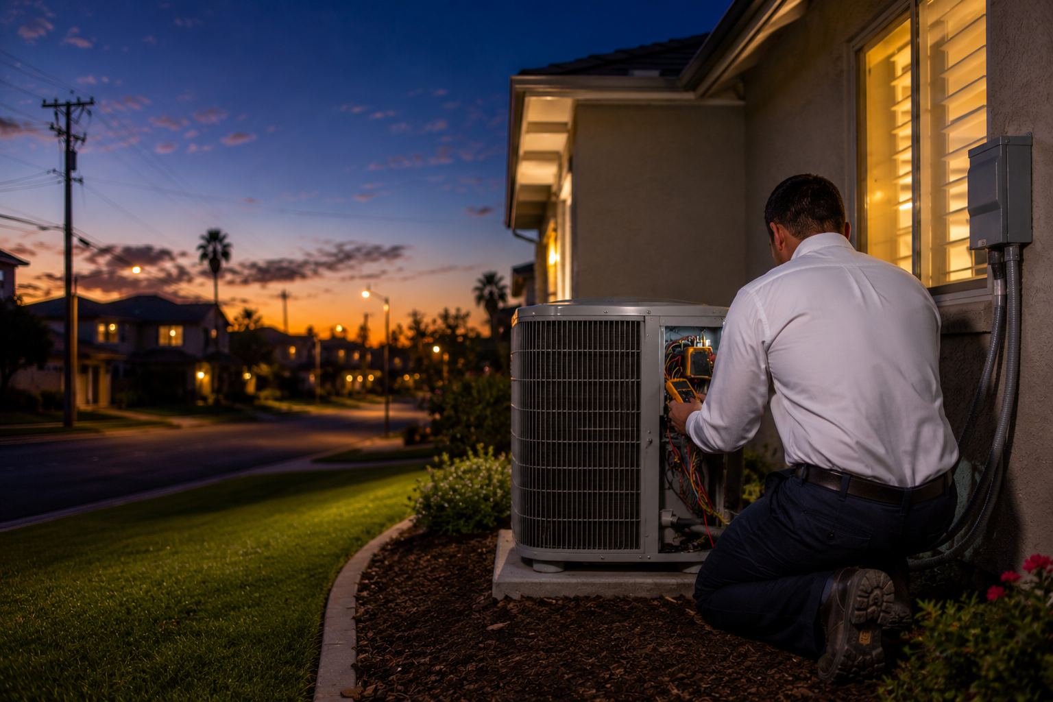 HVAC technician inspecting an outdoor air conditioner after a power outage at a home in Orange County, California.
