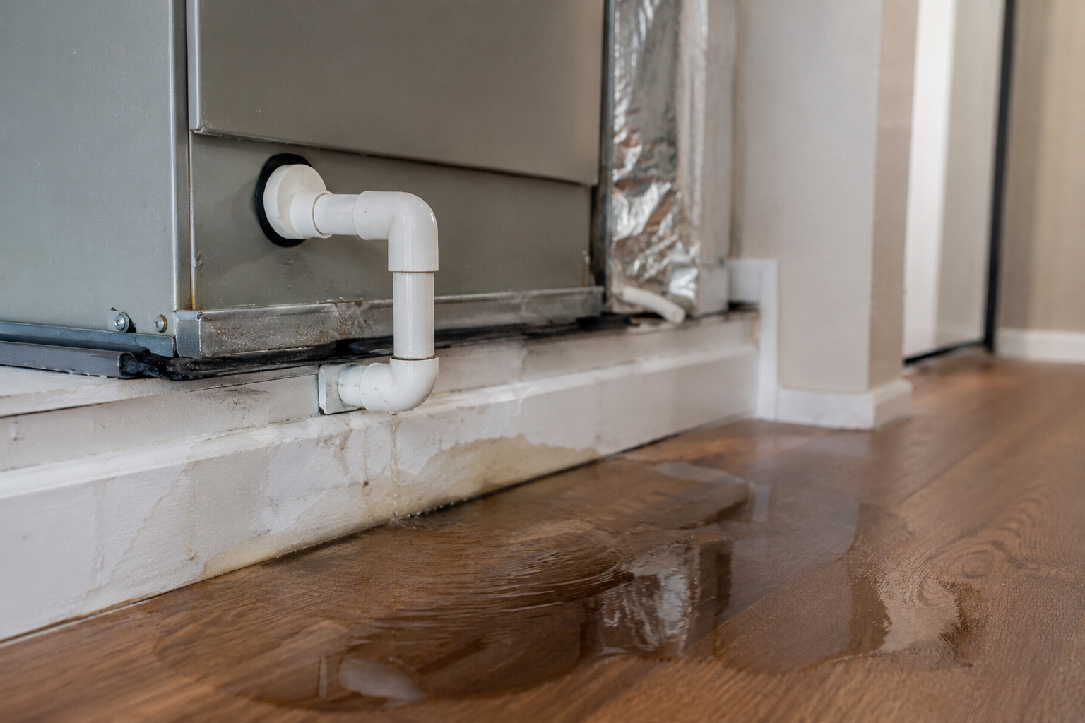 Indoor HVAC air handler leaking water onto hardwood flooring, showing standing water near the condensate drain line and signs of a potential air conditioner drainage issue in a residential home.
