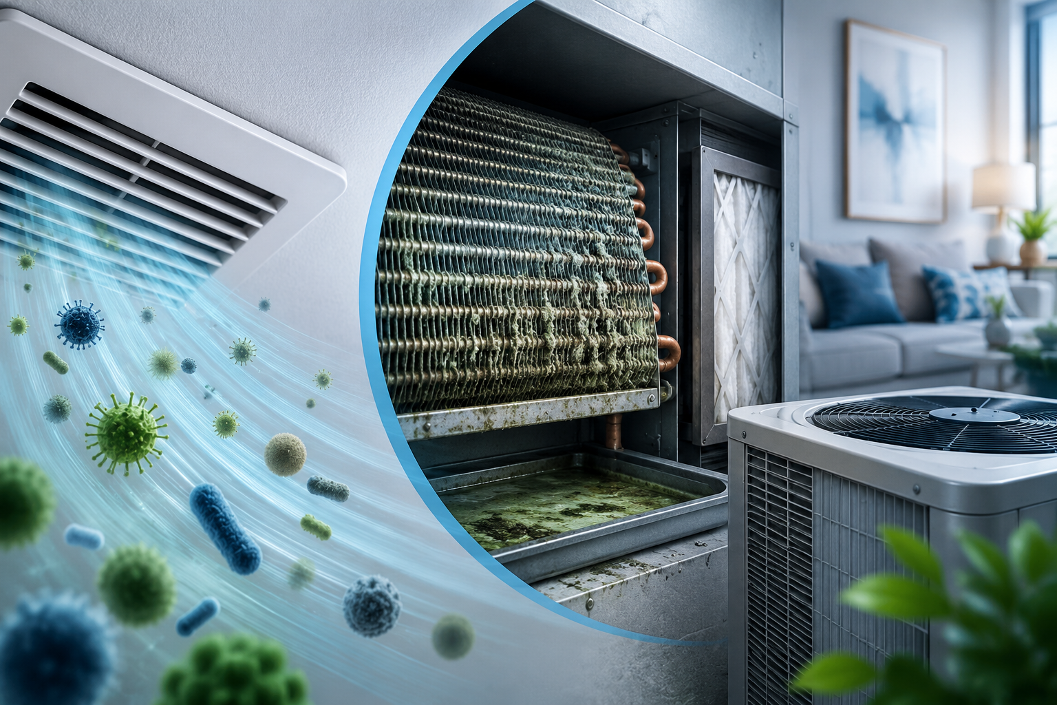 Microbial growth buildup on an HVAC evaporator coil affecting indoor air quality in a residential air conditioning system.