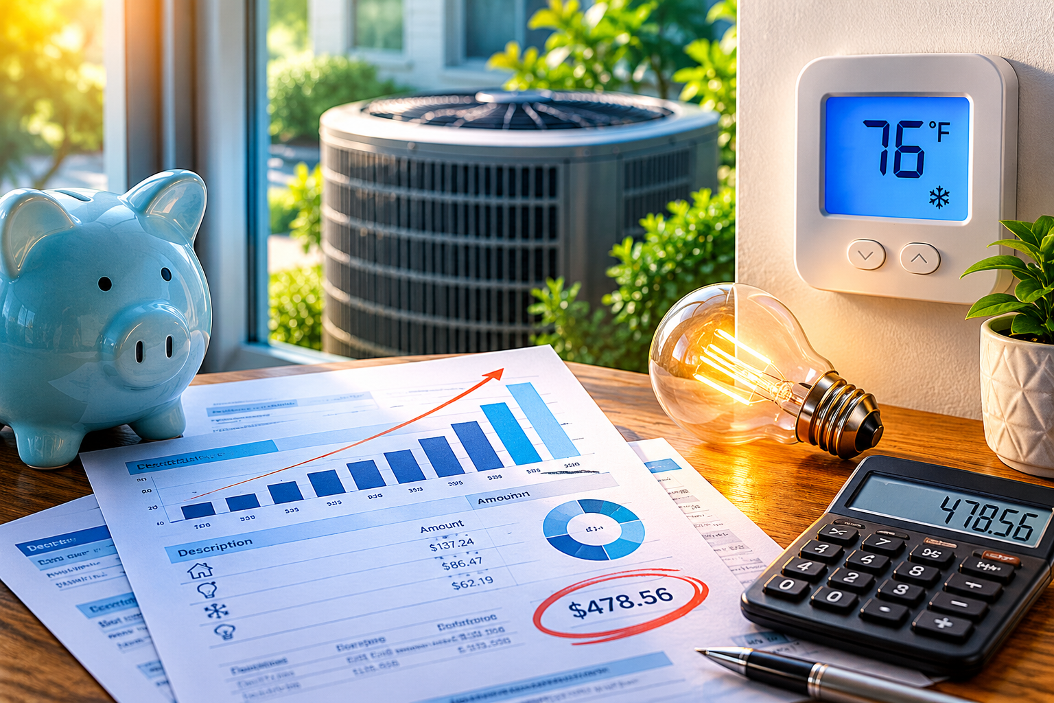 Electricity bill with rising energy costs displayed on a table beside a calculator, glowing light bulb, and thermostat set to 76°F. An outdoor air conditioning unit is visible through the window, illustrating how HVAC usage can impact summer electric bills
