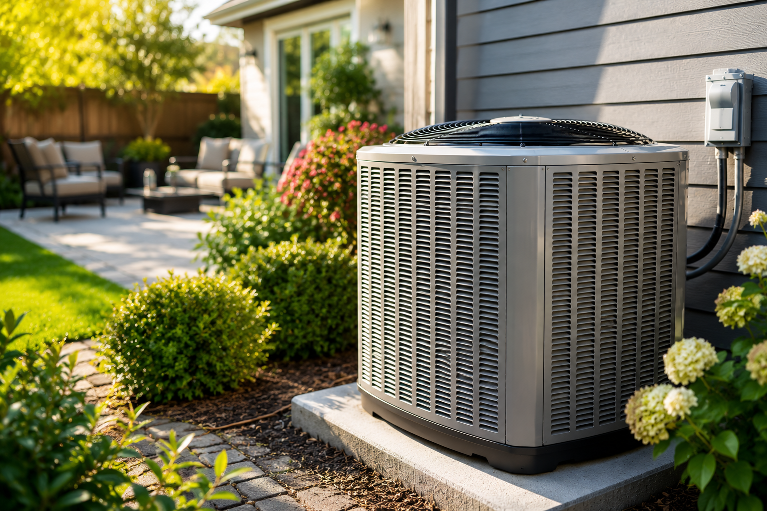 Modern residential air conditioning condenser installed beside a home with professional landscaping, representing a new high-efficiency HVAC replacement system for improved comfort and energy savings.