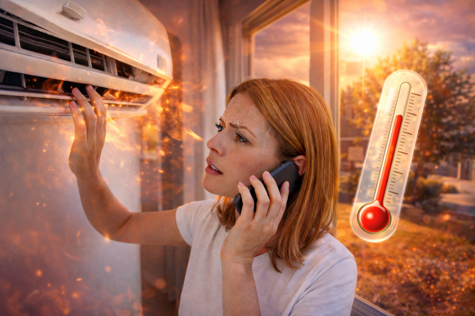 Homeowner noticing their air conditioner blowing hot air during a summer heat wave while calling an HVAC technician for help