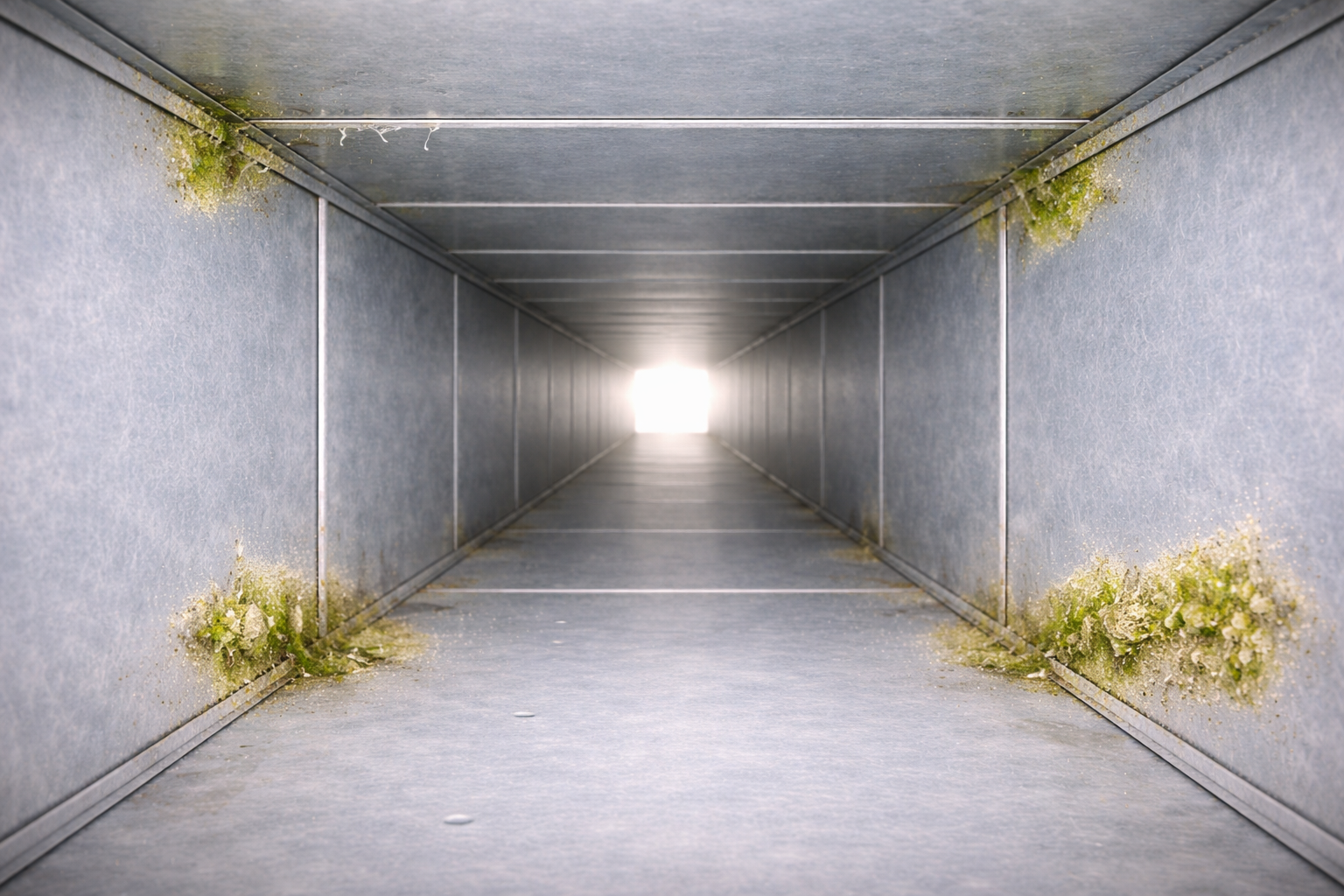 HVAC air duct interior showing signs of microbial growth affecting indoor air quality in Orange County home