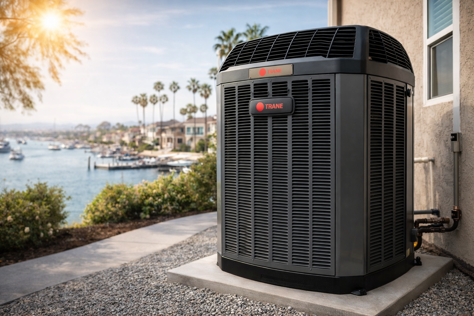 Trane air conditioning condenser installed outside a Newport Beach home overlooking the harbor on a sunny day in Orange County