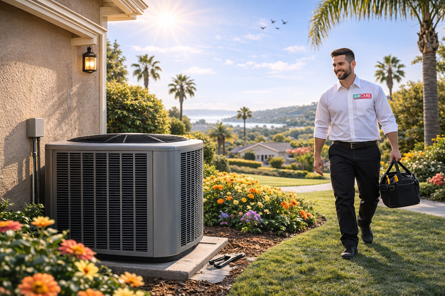 Residential air conditioning condenser unit operating outside a home during warm spring weather in Orange County.”