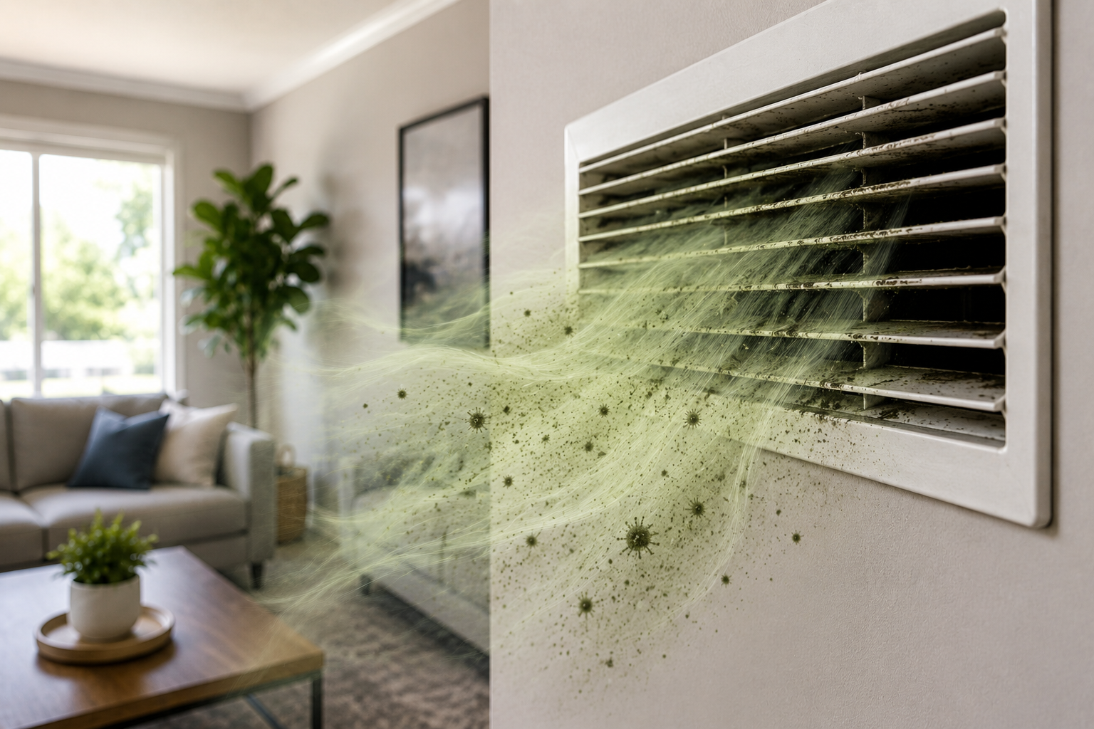 Musty air vent in a modern living room with visible dust, mold particles, and contaminated airflow coming from an HVAC vent, representing poor indoor air quality and AC odor problems in an Orange County home.