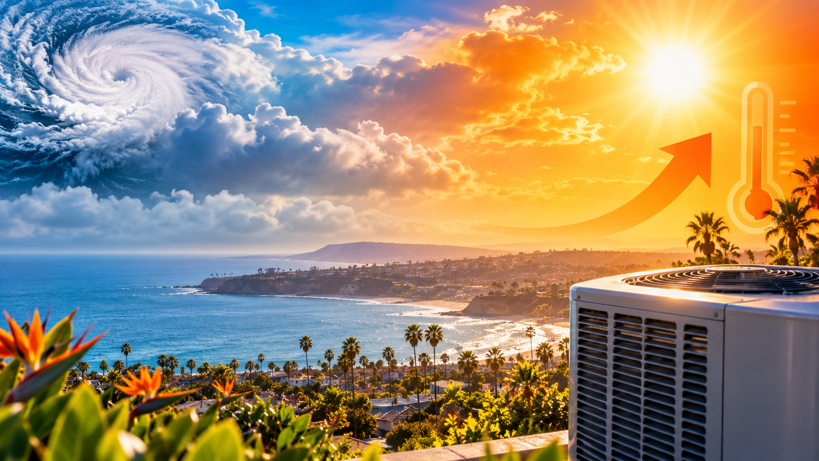 Orange County heat wave and HVAC air conditioner with sunny Southern California coastline