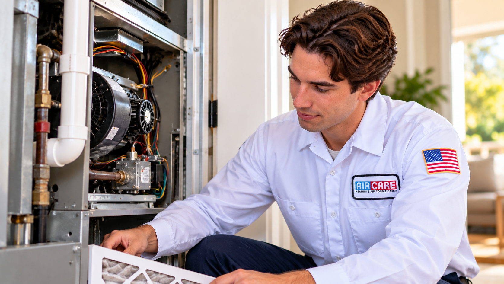 Air Care HVAC technician inspecting a residential furnace in Orange County, CA, for potential heating issues and burning smells.