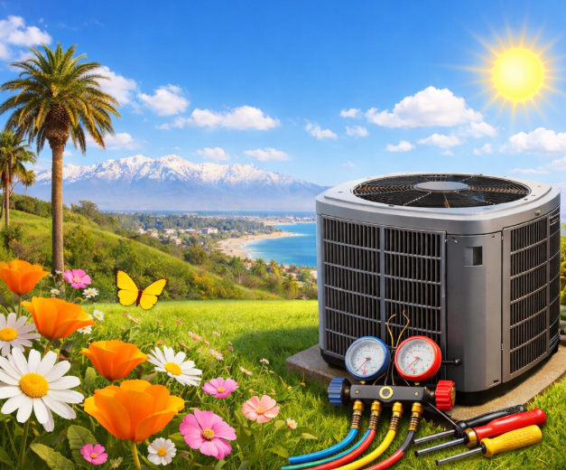 Outdoor air conditioning unit in a sunny Orange County spring landscape with flowers and palm trees, representing HVAC system preparation for warm weather.