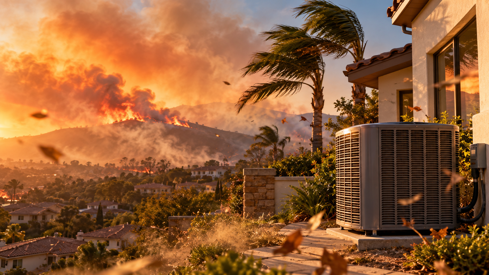 Santa Ana winds and wildfire smoke near Orange County homes with an outdoor HVAC system exposed to windblown dust and debris.